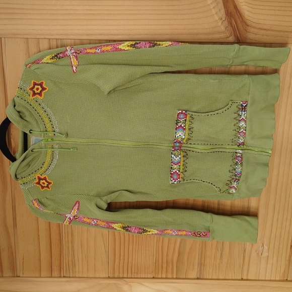 Free People Thermal Embriored Green Zip Up Hoodie Sz M - Picture 2 of 11